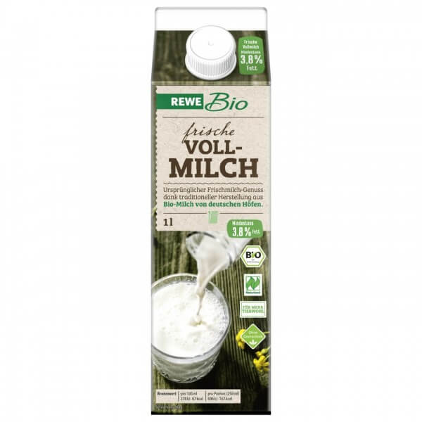 Rewe BIO Frische Vollmilch 3,8 % Fett 1l